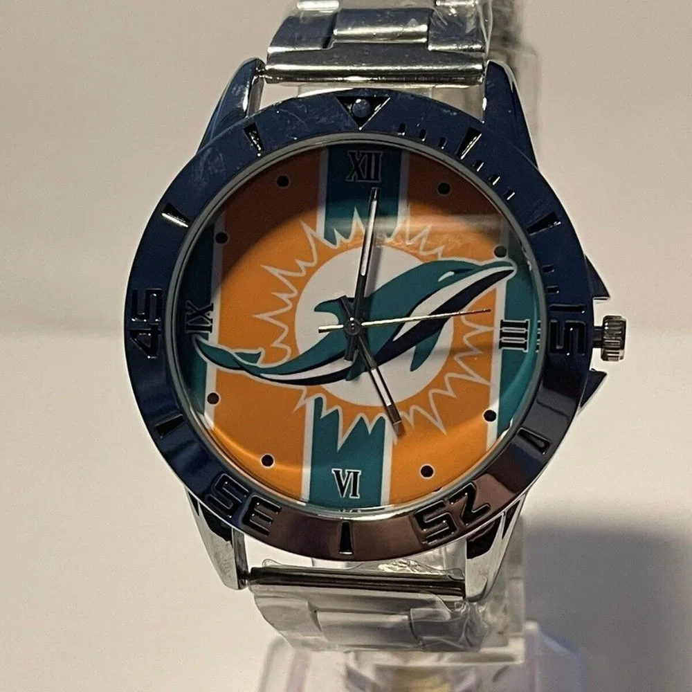 MIAMI DOLPHINS NFL Team Logo Men's Stainless-Steel Watch NEW - needs battery